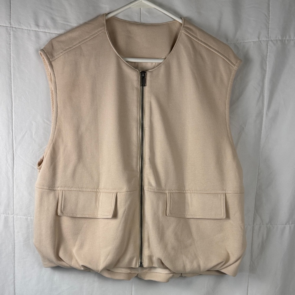 Beige Scuba Bubble Hem Vest Zip Up Cropped Utility Pockets Small